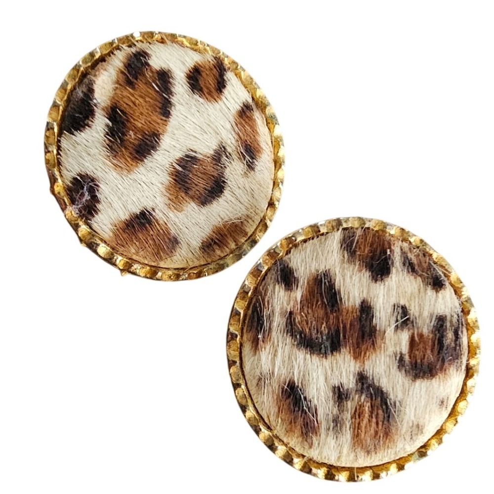 Vintage Leopard Print Calf Hair Clip On Earrings Gold Tone Round Button